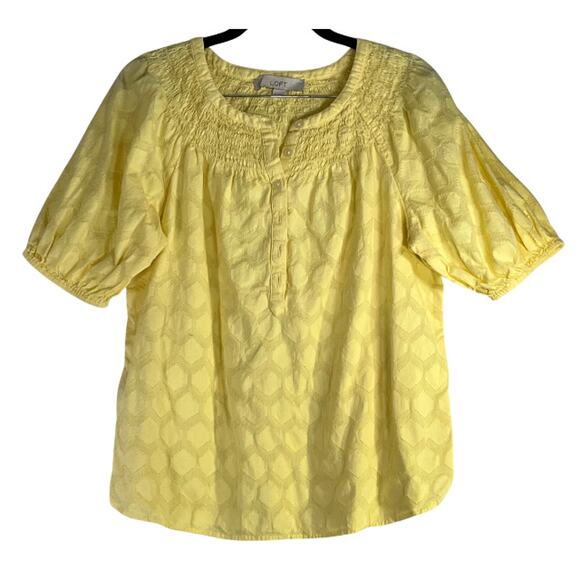Loft Summer Yellow Smocked Button V-Neck Puff Short Sleeve Blouse Reg Size S - Picture 1 of 1